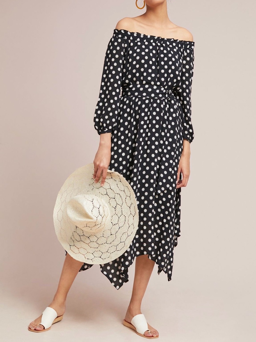 Anthropologie Maeve Polka Dot Off Shoulder Handkerchief Hem Dress